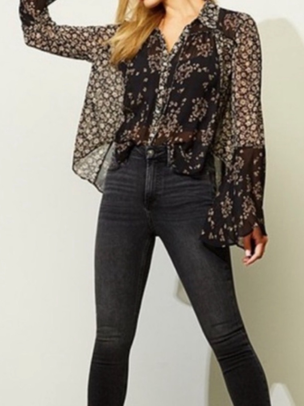 Free People Serena Floral Bell Sleeve Sheer Button-Up Blouse Boho Size Small
